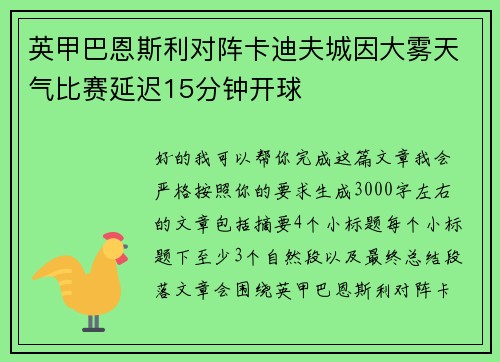 英甲巴恩斯利对阵卡迪夫城因大雾天气比赛延迟15分钟开球